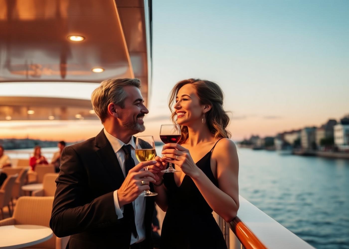 Casal brindando ao pôr do sol no convés de um cruzeiro fluvial AmaWaterways